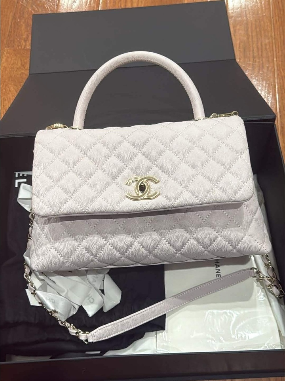 CHANEL Caviar Top-Handle Satchel in Light Pink with Gold Hardware